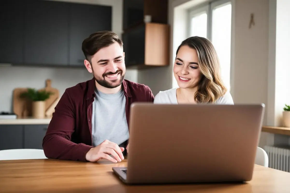 Canadian couple looking relieved while reviewing their credit options on a laptop